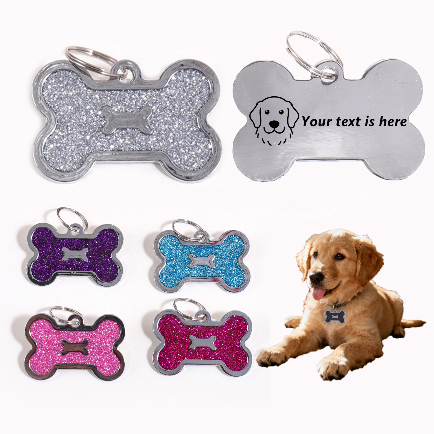 Pet Portrait Custom - Glitter Custom Text Dog Tags Customized